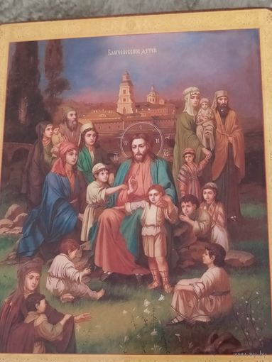 Икона Иисус Христос с детьми редкая на дереве 12/12
