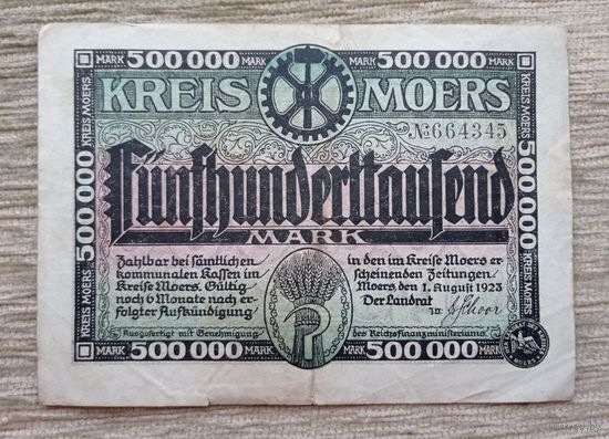 Werty71 Германия 500000 марок 1923 банкнота Гроссгельд Моерс