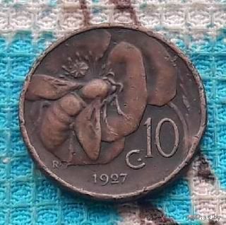 Италия 10 центов 1927 года. Vittorio Emanvele III. Пчела и цветок - символ плодородия.
