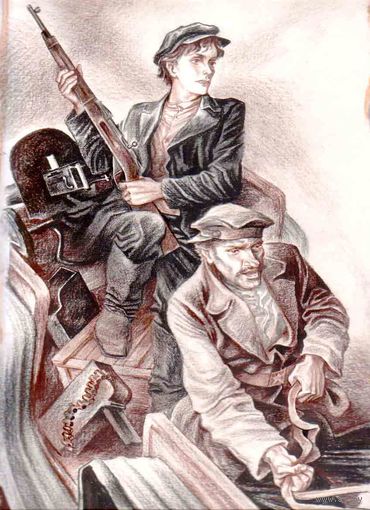 Картина. Красноармейцы на тачанке. 1984 год. Художник Александрович Виктор Францевич.