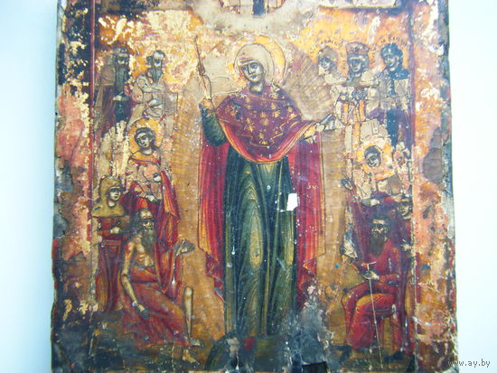 Старинная. Рукописная икона "МАТ. БОЖ. ВСЕМ СКОРБЯЩИМ РАДОСТИ" Ветка. Лиственница. 18см.х15см.