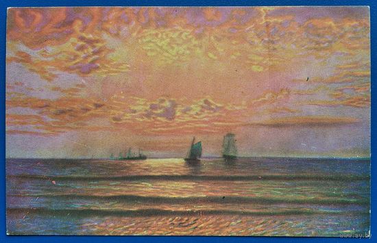 Старинная немецкая открытка. Парусники в море. Чистая.