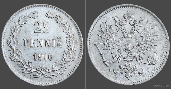 Россия для Финляндии, 25 пенни 1916 г. (S) сост. AU, серебро 750/ 1,27 г, Биткин #421