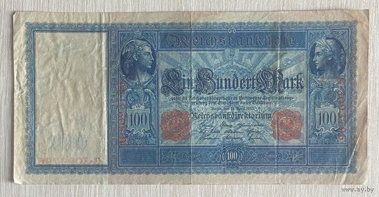 Банкнота 100 марок 1910 год. Красная печать. Германская империя. С рубля без МЦ.