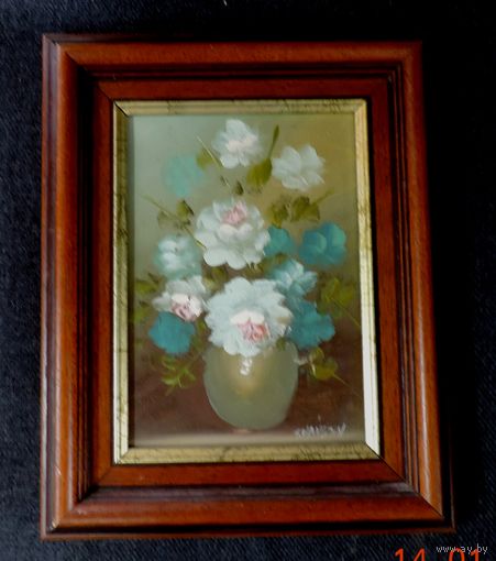 Картина маслом на холсте "Цветы". Размер с багетом 20-25 см.