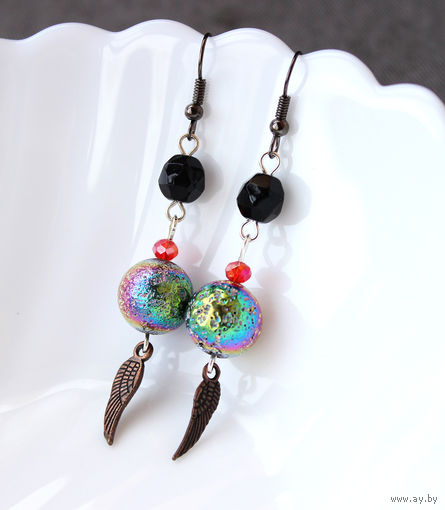 Серьги интересные яркие с тонированным гематитом
