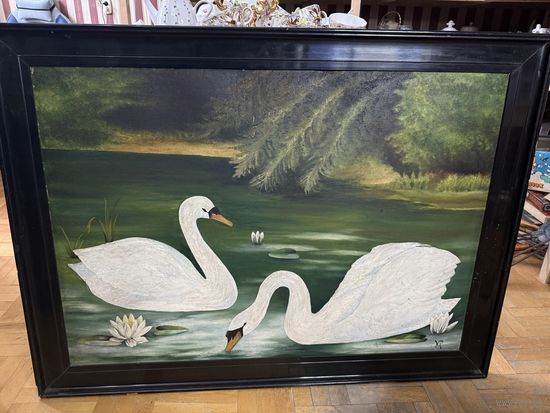 Картина фанера маслом пара лебедей