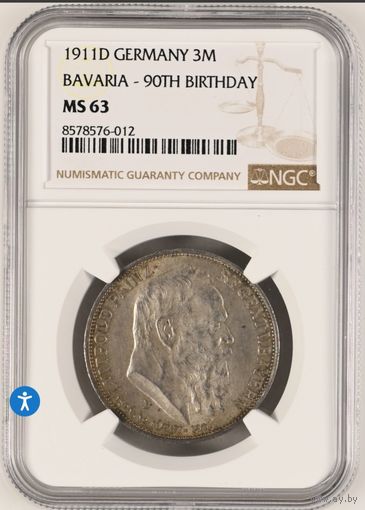 3 марки 1911 Бавария. Луитпольд NGC MS63