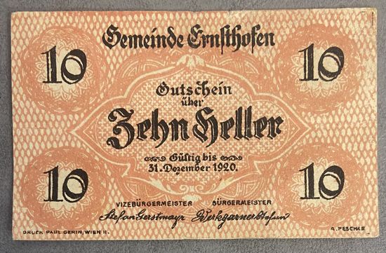 Нотгельд Австрия Эрнстхофен, 10 геллеров 1920 год