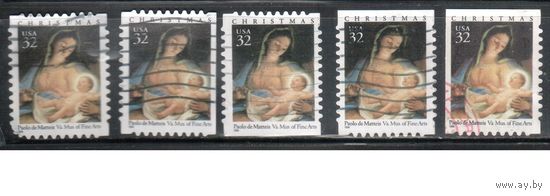 США-1996 (Мих.2799 ВА+BD+ВЕ) , гаш., Рождество, Живопись, (одиночка), 5 зубцовок(2)
