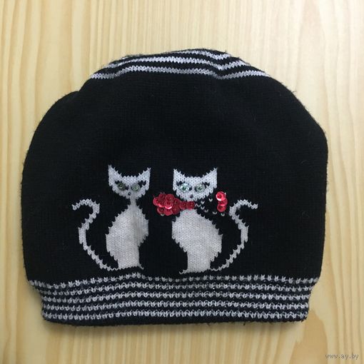 Шапка с котиками Шерсть двойная очень тёплая
