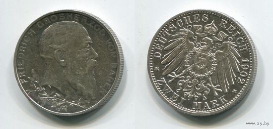 Германия (Баден). 2 марки (1902, серебро, aUNC)