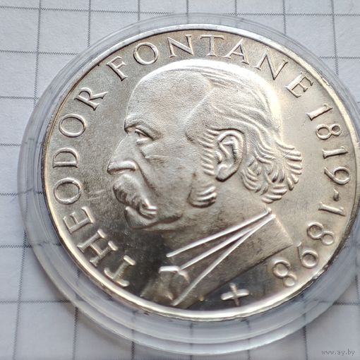 5 марок ФРГ 1969 года . В честь 150-летию со дня рождения Теодора Фонтане. Серебро.