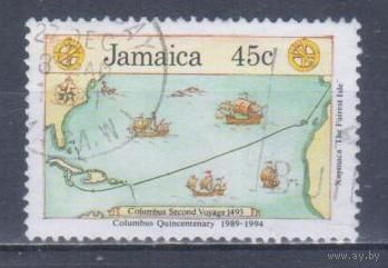 [120] Ямайка 1990. Корабли.Парусники.Колумб.Карта. Гашеная марка.