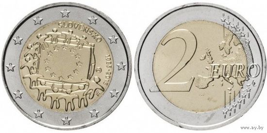 2 евро 2015 Словакия 30 лет флагу  UNC из ролла