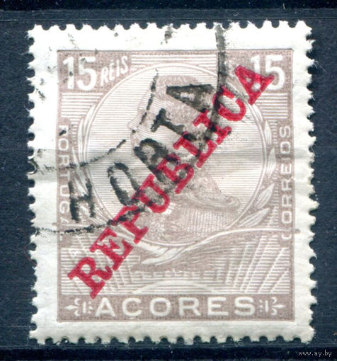 Португальские колонии - Азорские острова - 1910г. - Король Мануэл II, надпечатка Republica, 15 R - 1 марка - гашёная, есть утончение [Mi 126]. #1-Po-21-A-1