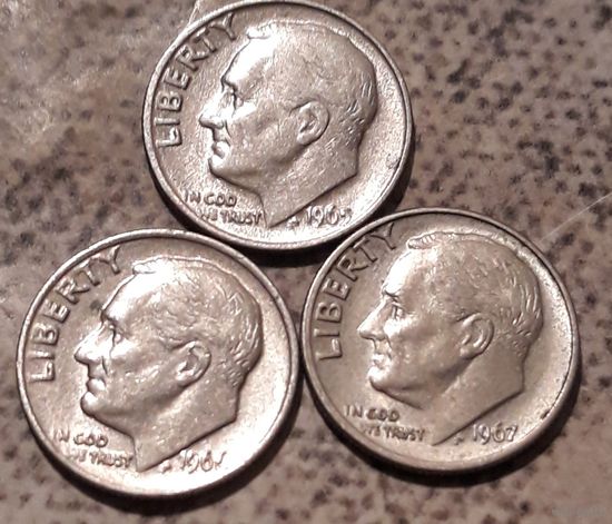 10 центов ( дайм) 1965.1966.1967 США  без обозначения МД 3 монеты