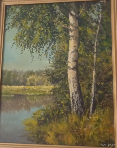 Картина береза масло двп в рамке 1988 авторская пейзаж СССР