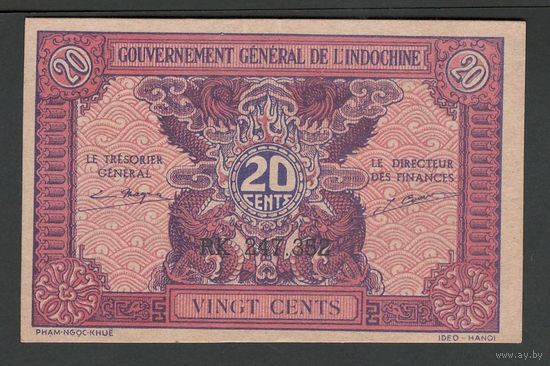 Французский Индокитай 20 центов 1942 года. Тип Р-90. Состояние аUNC