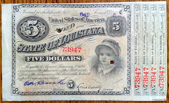 5 $ 1875 Louisiana  baby bond  aUNC!!!