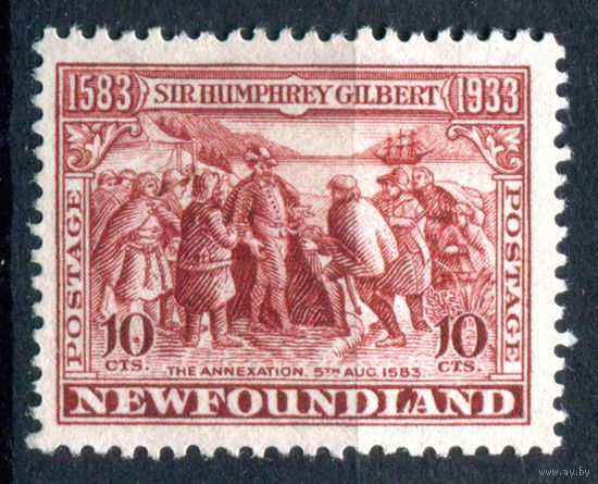 Британские колонии - Ньюфаундленд - 1933г. - вступление во владение, 350 лет перехода владения Ньюфаундлендом Хемфри Гилберту, 10 с - 1 марка - чистая, без клея [Mi 208]. #3-WB-82-A-1
