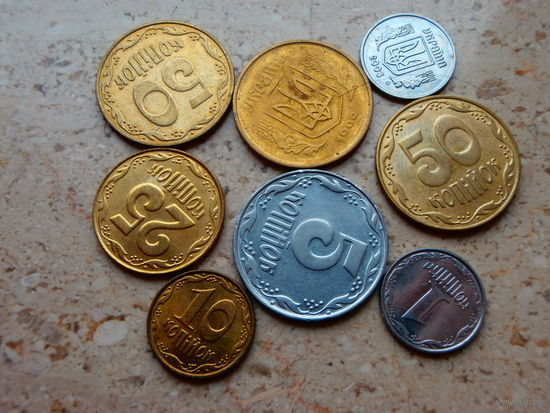 50, 25, 10, 5, 1 копеек Украина, 8 монет.