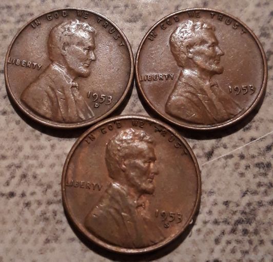 1 цент 1953 США P D S. Все 3 МД