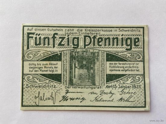 Нотгельд 50 пфеннигов Швайднитц. Веймарская республика - 1602