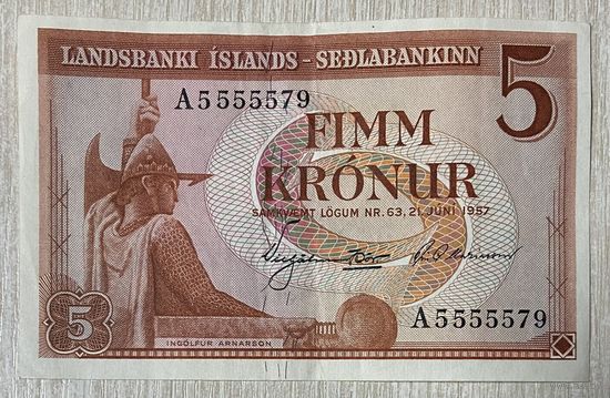 Банкнота. Исландия. 5 крон 1957 год.