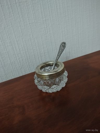 Винтаж, солонка, хрусталь, мельхиор с позолотой, СССР с ложечкой.