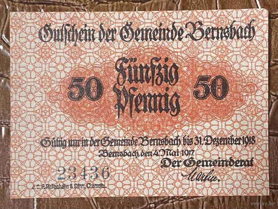 Нотгельд 50 пфеннигов 1917 год. Бернсбах. Веймарская республика