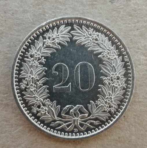 Швейцария 20 раппенов 1994 год, отметка "В", KM# 29a ю