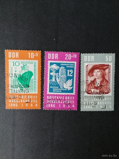 ГДР 1964 Полная серия марок "Национальная филателистическая выставка в Берлине" (гашение с клеем, без наклеек, но есть небольшие пятна на обратной стороне) Mi.1056-1058 каталог 4.00 евро