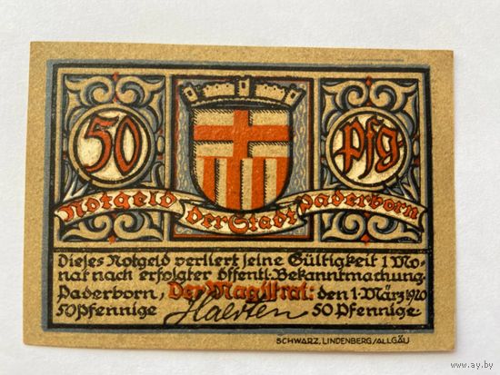 Нотгельд 50 пфеннигов Падерборн. Веймарская республика - 1602