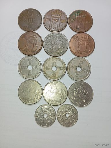 Норвегия 5 эре 1937,1952,1954,1960,1964,1971 года , 1 крона 1949,1950,1951,1966,1970,1987,1997,1999 года
