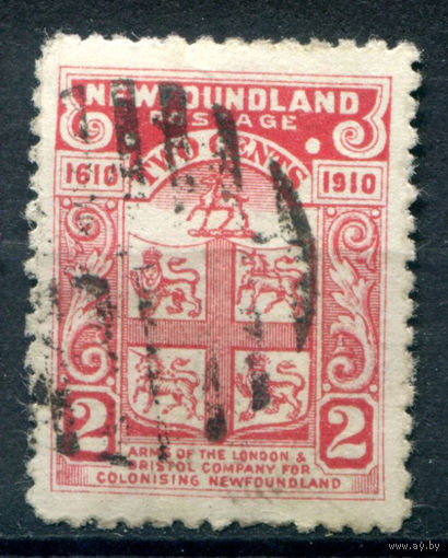 Британские колонии - Ньюфаундленд - 1910г. - герб, 300 лет первой британской колонии - Ньюфаундленд, перфорация 12, 2 с - 1 марка - гашёная [Mi 69]. #3-WB-102-A-1
