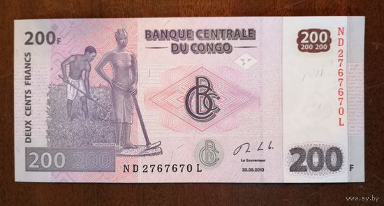 Конго (ДР) 200 франков 2013 г., P:99b надпись на реверсе см. в описании