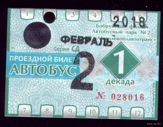 Проездной билет Бобруйск Автобус Февраль 1 декада 2018