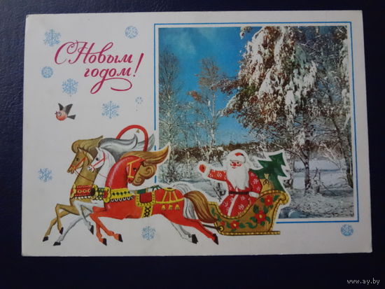 С Новым годом!  1976 г.  Дед Мороз, тройка + фото березок.  подписанная.