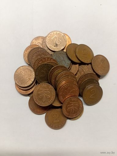 2 пфеннига 1962 JD,1963 J,1964 F,1967 F,1968 F,1969 FD,1971 F,1973 F,1974 FDJ,1977 F,1978 F,1979 FD,1980 F,1981 DF,1982 GF,1983 FG,1984 J,1988 FD,1990 D,1992 DF,1996 F года