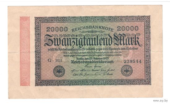 Германия 20 000 марок 1923 года. Тип Р 85b. G/D in stars. Маленькие цифры. Состояние XF!
