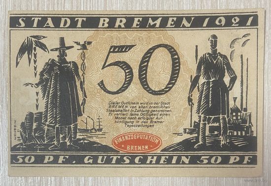 Нотгельд 50  пфеннигов 1921 год. Бремен. Веймарская республика.