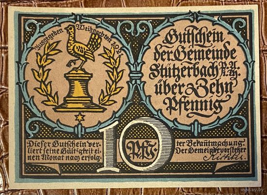 Нотгельд 10 пфеннигов 1921 год. Штютцербах,. Веймарская республика