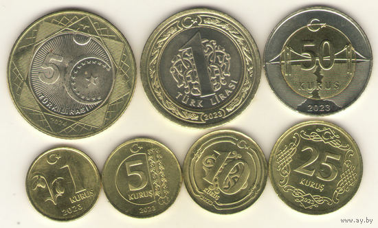 1,5,10,25,50 куруш 2023, 1 лира 2023, 5 лир 2024
