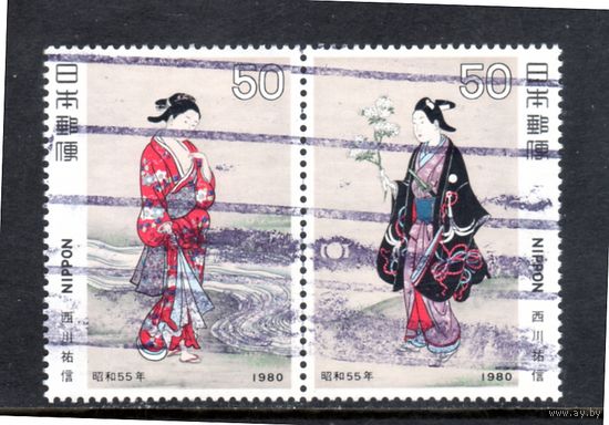 Япония. Mi:JP 1421,11422. Сцепка. Сцены игры на открытом воздухе весной, Sukenobu Nishikawa. Серия: Филателистическая неделя. 1980..