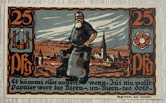 Нотгельд 25 пфеннигов 1921 год. Зальцуфлен. Веймарская республика