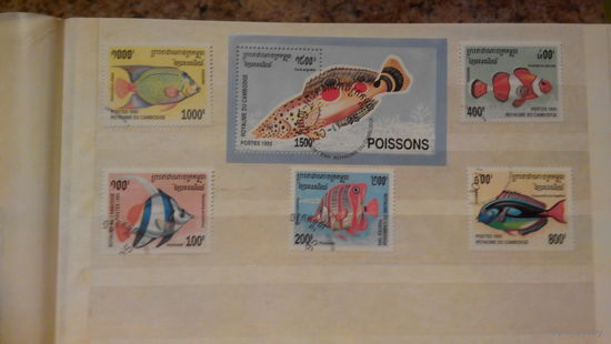 Рыбы, фауна, марки и блок, Камбоджа, 1995