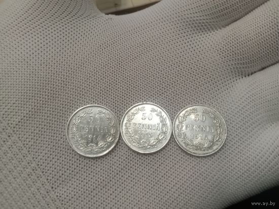 Подборка красивых Русско-Финских монет, 50pennia- 1914, 1915, 1916 год. Николай II. Серебро!