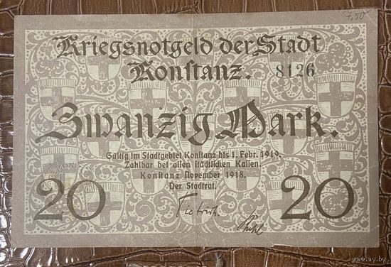 Банкнота 20 марок 1918 год. Констанц. Веймарская республика.