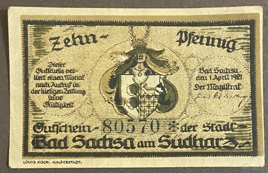 Нотгельд 10 пфеннигов 1921 год. Бад-Закса-ам-Зюдхарц,. Веймарская республика